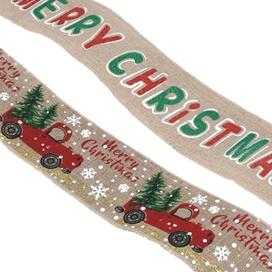 Christmas burlap ribbon with wired edge, red car and gold Merry Christmas lettering