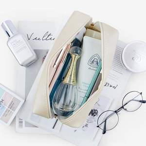 Beauty case quadrato in pelle PU beige champagne con trama a grana incrociata impermeabile