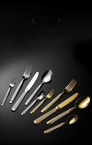 Detailed view of Roman column style stainless steel cutlery with mirror polished finish