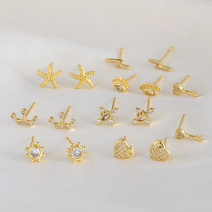 Elegant 8-pair gold plated earring set with heart star crown and zircon stones
