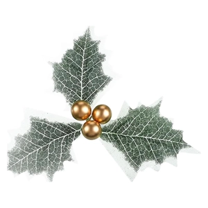 Christmas decoration branch with three green holly leaves and three golden metal berries