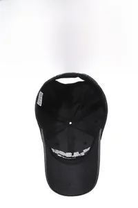 Detail of 100% cotton black baseball cap showing inner seams and white wash label