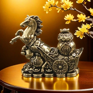 Statua di carrozza equina in ottone Feng Shui con monete portafortuna per ufficio