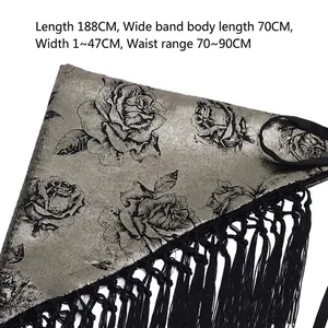New Chinese style fabric waist chain with black floral print and fringe tassels 188cm