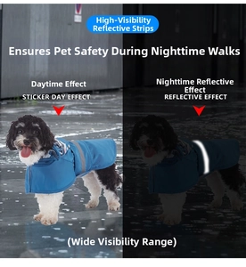 Blue pet raincoat with high-visibility reflective strips for safe nighttime walking