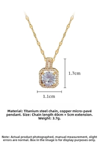 Detailed view of titanium steel necklace with a micro-pave square cubic zirconia pendant