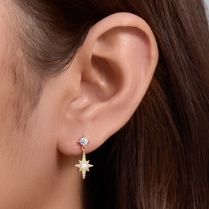 S925 sterling silver gold plated asymmetric star and moon earrings with cubic zirconia