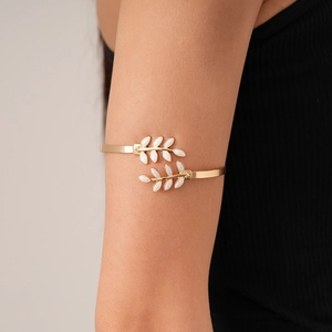 Adjustable gold leaf upper arm cuff bracelet featuring white enamel leaves for women