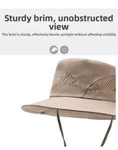Detail of khaki outdoor hat featuring Travellers embroidery and breathable mesh side panels