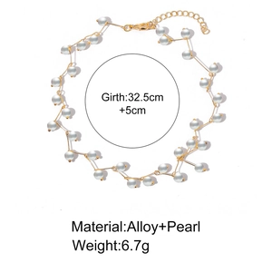 Detail of elegant pearl choker necklace with alloy chain and girth measurement specs