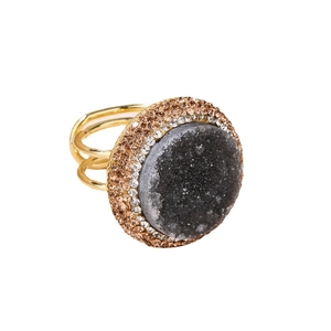 Adjustable gold ring with natural agate and double halo of sparkling crystals