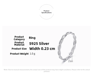 Dettagli sulla larghezza di 2,3 mm e peso di 1,0 g dell'anello in argento S925 intrecciato