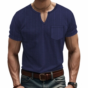 Men's navy blue linen-textured V-neck T-shirt with chest pocket and waffle weave fabric