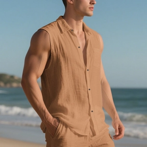 Detail of men's linen sleeveless shirt and shorts set in beach vacation setting