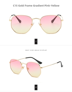 Detalle de las gafas de sol de metal dorado con lentes degradadas de rosa a amarillo C15