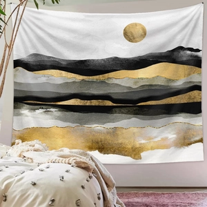 Detailed close-up of mountain landscape wall tapestry with golden sun and modern art lines