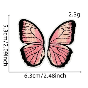 Pink butterfly embroidery patch with size dimensions 6.3cm x 5.3cm on white background