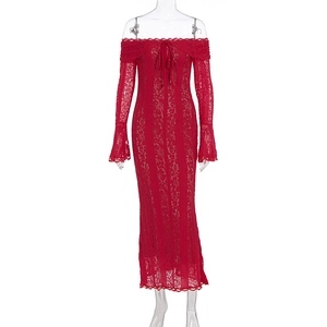 Detailed view of red lace off-the-shoulder dress with flared sleeves and slim fit design