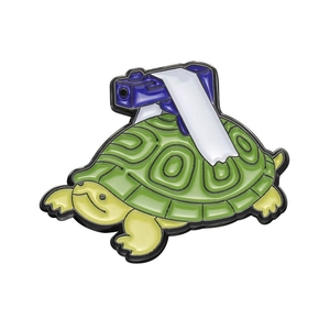 Cartoon green turtle holding a blue gun brooch pin made of high-quality alloy metal