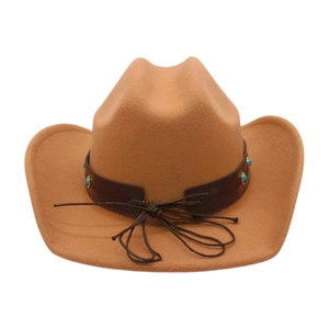 Detail of tan felt cowboy hat featuring a brown leather band and turquoise stone studs