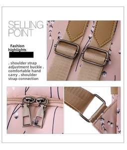 Details des Oxford-Rucksacks mit Blumenmuster, Metallschnallen und Reißverschlüssen