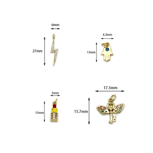 18K gold-plated lightning, hamsa, lipstick, and key charms with zircon and enamel inlays