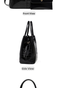Front and side views of a glossy black crocodile pattern handbag set with metal buckle