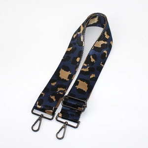 Detail of leopard print wide strap with navy blue and gold fabric and matte black hooks