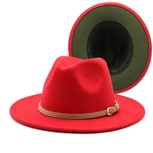 Two-tone wool fedora hat in vibrant red and dark green with a stylish leather band
