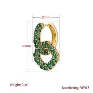 18K gold plated earring with square green zircon drop, size 26mm by 18mm, weight 3.4g