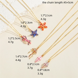 Gold starfish and jellyfish pendant necklace set with colorful enamel and 45+5cm chain