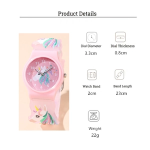 Detailed size chart for kids pink unicorn watch with dial diameter and band dimensions