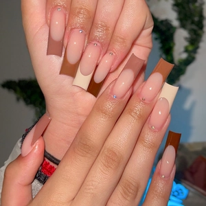 Press On Nails Long Coffin French Tip Brown Coffee Gradient Glossy With Rhinestone Reusable False Nails