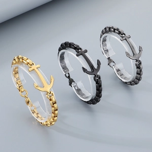 Men's titanium steel anchor bracelets in gold, black, and silver with box chain design
