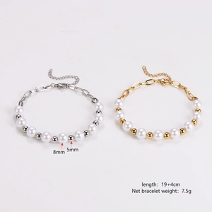 Retro stainless steel pearl and bead chain bracelet in gold and silver finishes