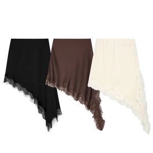 Women Asymmetric Satin Midi Skirt With Eyelash Lace Trim Irregular Hem Solid Color Elegant Wrap Skirt