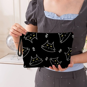 Cat Print Makeup Bag Fine Linen Portable Cosmetic Pouch With Zipper And Wrist Strap For Women Students Travel Storage