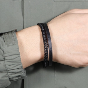 Double-layered black leather and woven bracelet with stainless steel magnetic clasp