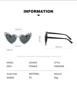 Detailed size chart for heart-shaped sunglasses with pearl trim and frame dimensions