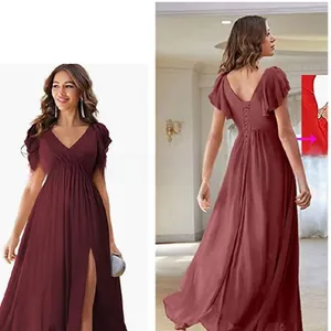Detail of wine red V-neck chiffon dress showing ruffle sleeves and high slit design