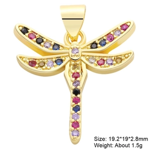 Macro shot of colorful zircon dragonfly pendant with dimensions and weight data