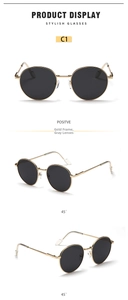 Detailed views of vintage round gold frame sunglasses with dark gray lenses