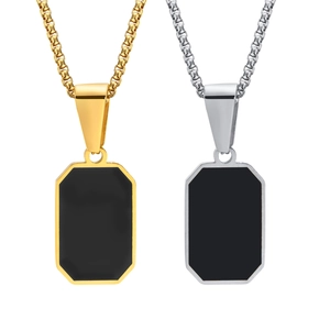 Men's rectangular black enamel pendant with gold and silver steel box chain necklace