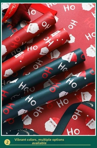 Detail of waterproof Christmas wrapping paper with Santa patterns in red and green