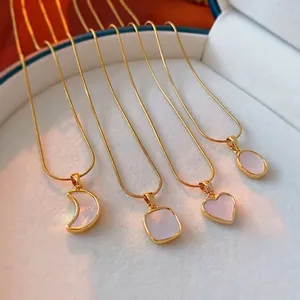 Minimalist Gold Stainless Steel Necklace With Mother Of Artificial Pearl Shell Pendants Heart Moon Shapes Snake Bone Chain For Women