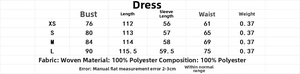 Detailed size guide for midi dress with bust, length, and waist measurements in cm