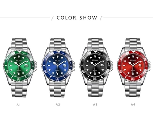 Quartz men watches with date display in green, blue, black, and red dials on silver bands