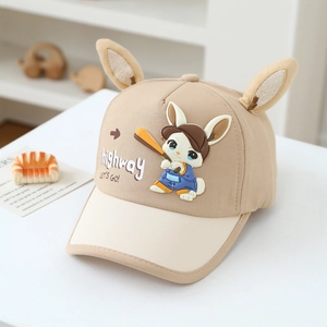 Close-up of cute cartoon rabbit baseball cap with plush ears for kids outdoor