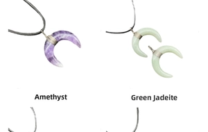 Detail of crescent moon pendants in purple Phosphosiderite and green Aventurine stones