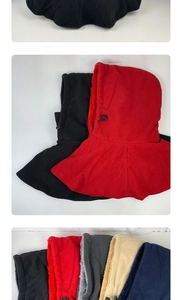 Detail view of thickened fleece neck warmer hood with adjustable drawstring for winter